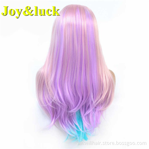 Highlight Blue Purple Pink Wholesale Wig Front Lace For Women Long Natural Straight High Temperature Fiber Synthetic Women Wig